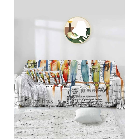 Parrots Sofa Covers for 3 Cushion Couch,Washable Sectional & L Shape Couch Covers for Dog/Cat/Kid,Bird Tropical Colorful Animal Retro Newspaper Non Slip Sofa Slipcover Tassel Futon Cover 71x150