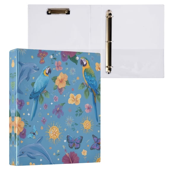 Parrots and Dolphins Pattern 3 Ring Hardcover Binders 1.5in Round Rings for Letter-Size Folder Paper Organizer Pockets for Office Student Recipe
