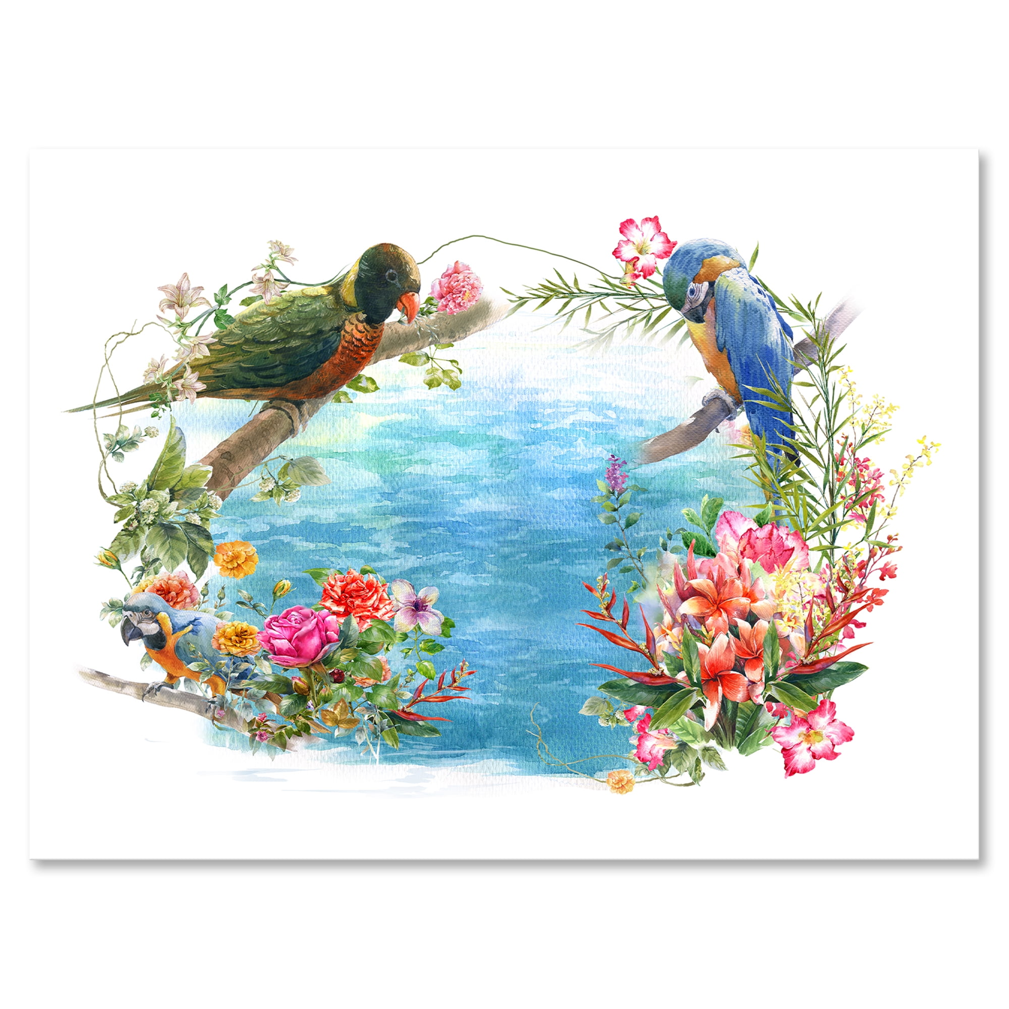 Parrots and Flowers By The Blue Waterside 12 in x 8 in Painting Canvas Art Print, by Designart