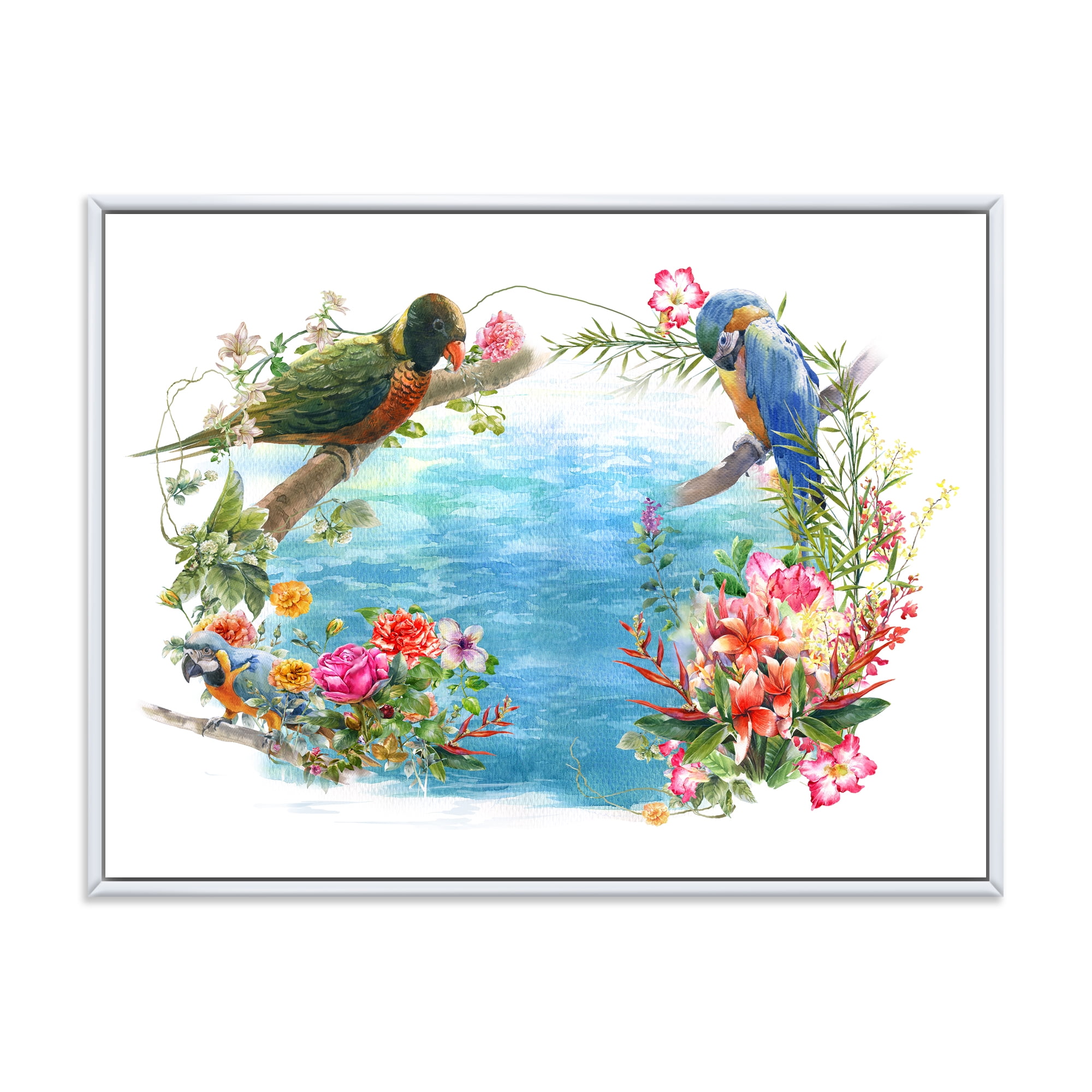 Parrots and Flowers By The Blue Waterside 32 in x 24 in Framed Painting Canvas Art Print, by Designart