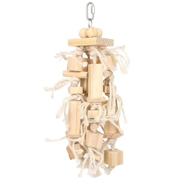 Parrots gnaw on toy birds, toys made of cotton rope, sisal, and natural wood, gnawing on large strings of natural wood. Medium to large parrots play with themlog