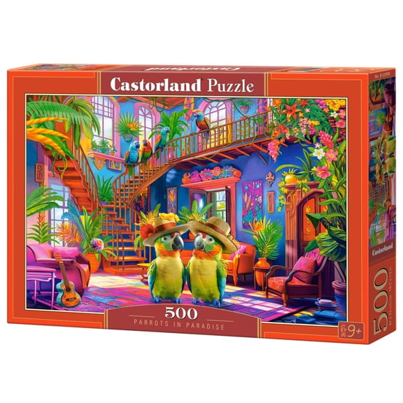 500 Piece Jigsaw Puzzle, Parrots in Paradise, Tropical interior, Colorful puzzles, Animal puzzles, Adult Puzzle, Castorland B-53995