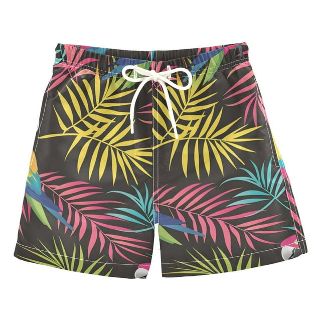 Parrots with Colorful Palm Leaves Boys' Swim Trunks Board Shorts Beach Pants Bathing Bottoms 4T