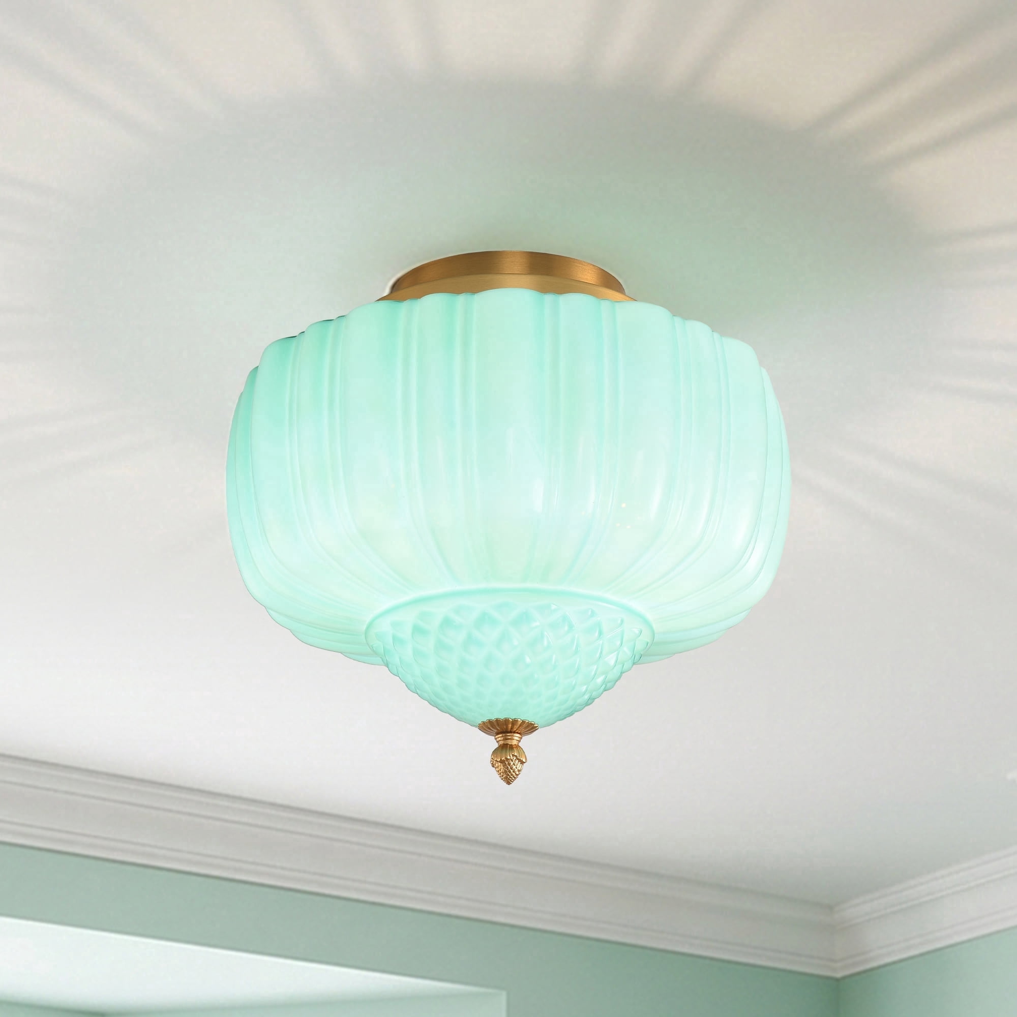 Parrot Uncle 14" Schoolhouse Flush Mount Ceiling Light, Mint Fluted Glass & Gold Base, 3-Light Vintage Close-to-Ceiling Fixture for Low Ceilings, Hallway, Kitchen & Bedroom