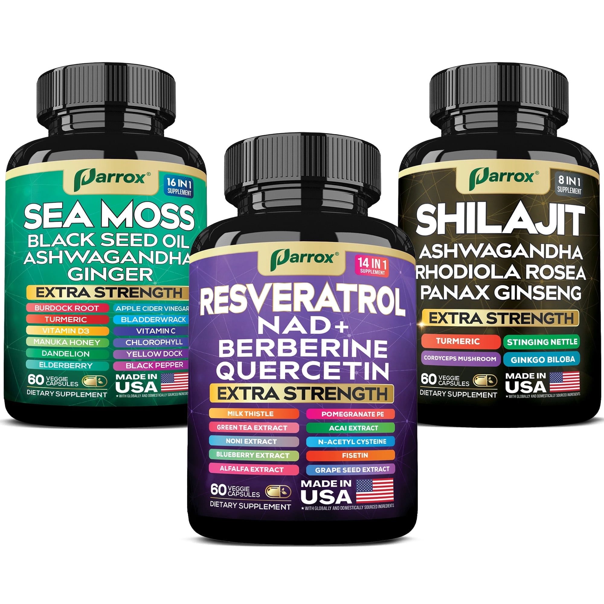 Parrox Advanced Wellness Trio - Sea Moss, Black Seed Oil, Ashwagandha, Burdock Root, Resveratrol, NAD+, Quercetin, Berberine, Grape Seed Extract, Panax Ginseng,Ginkgo Biloba, Rhodiola Rosea, Turmeric