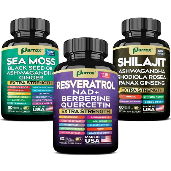 Parrox Advanced Wellness Trio - Sea Moss, Black Seed Oil, Ashwagandha, Burdock Root, Resveratrol, NAD+, Quercetin, Berberine, Grape Seed Extract, Panax Ginseng,Ginkgo Biloba, Rhodiola Rosea, Turmeric