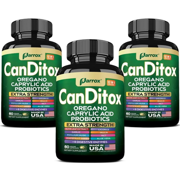 Parrox CanDitox Capsules, Oregano, Caprylic Acid, Garlic, Olive Leaf, Psyllium Husk, Licorice, Probiotics, Inulin, Aloe Vera, MCT Oil, Grapefruit Seed, Digestive Enzymes, Bromelain, Lipase (3 Pack)