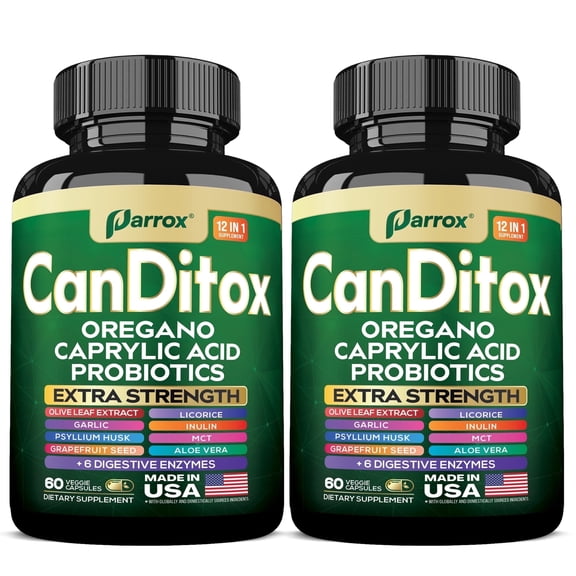 Parrox CanDitox Capsules, Oregano, Caprylic Acid, Garlic, Olive Leaf, Psyllium Husk, Licorice, Probiotics, Inulin, Aloe Vera, MCT Oil, Grapefruit Seed, Digestive Enzymes, Bromelain, Lipase (2 Pack)