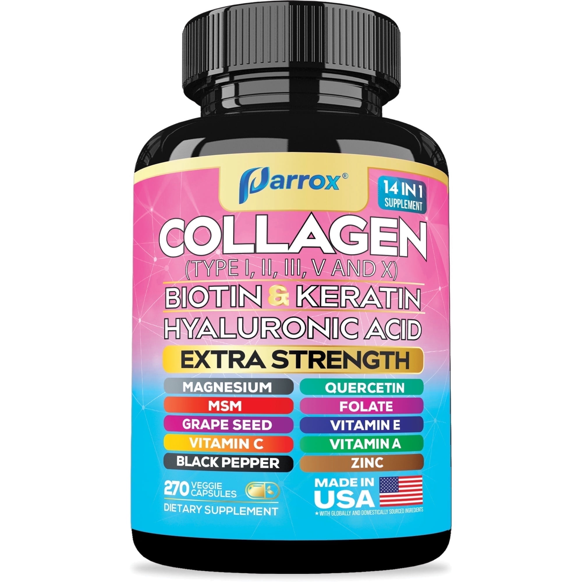Parrox Collagen Peptides Types I, II, III, V & X, MCG Biotin, Keratin, Hyaluronic Acid, MSM, Zinc, Grape Seed Extract, Quercetin, Vitamin A, Vitamin C, Vitamin E, Magnesium, Folic Acid (270 Capsules)