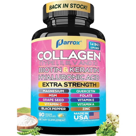 Parrox Collagen Peptides Types I, II, III, V & X, MCG Biotin, Keratin, Hyaluronic Acid, MSM, Zinc, Grape Seed Extract, Quercetin, Vitamin A, Vitamin C, Vitamin E, Magnesium, Folic Acid (90 Capsules)