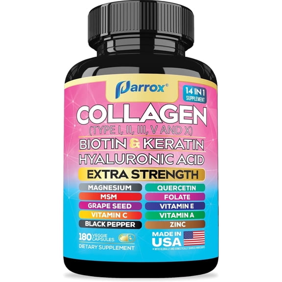 Parrox Collagen Peptides Types I, II, III, V & X, MCG Biotin, Keratin, Hyaluronic Acid, MSM, Zinc, Grape Seed Extract, Quercetin, Vitamin A, Vitamin C, Vitamin E, Magnesium, Folic Acid (180 Capsules)