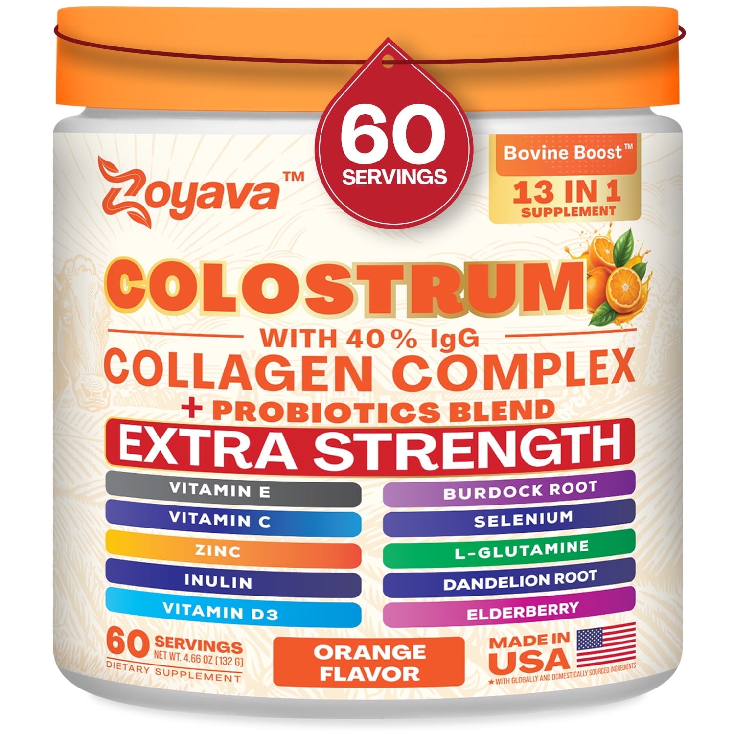 Parrox Colostrum Powder with 40% IgG, Collagen, Probiotics, Burdock Root,  L-Glutamine, Elderberry, Vitamin C, Vitamin E, Vitamin D3, Inulin, Selenium, Dandelion Root, Zinc, 60 Servings (Orange)