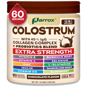 Parrox Colostrum Powder with 40% IgG, Collagen, Probiotics, Burdock Root, L-Glutamine, Elderberry, Vitamin C, Vitamin E, Vitamin D3, Inulin, Selenium, Dandelion Root, Zinc, 60 Servings Chocolate