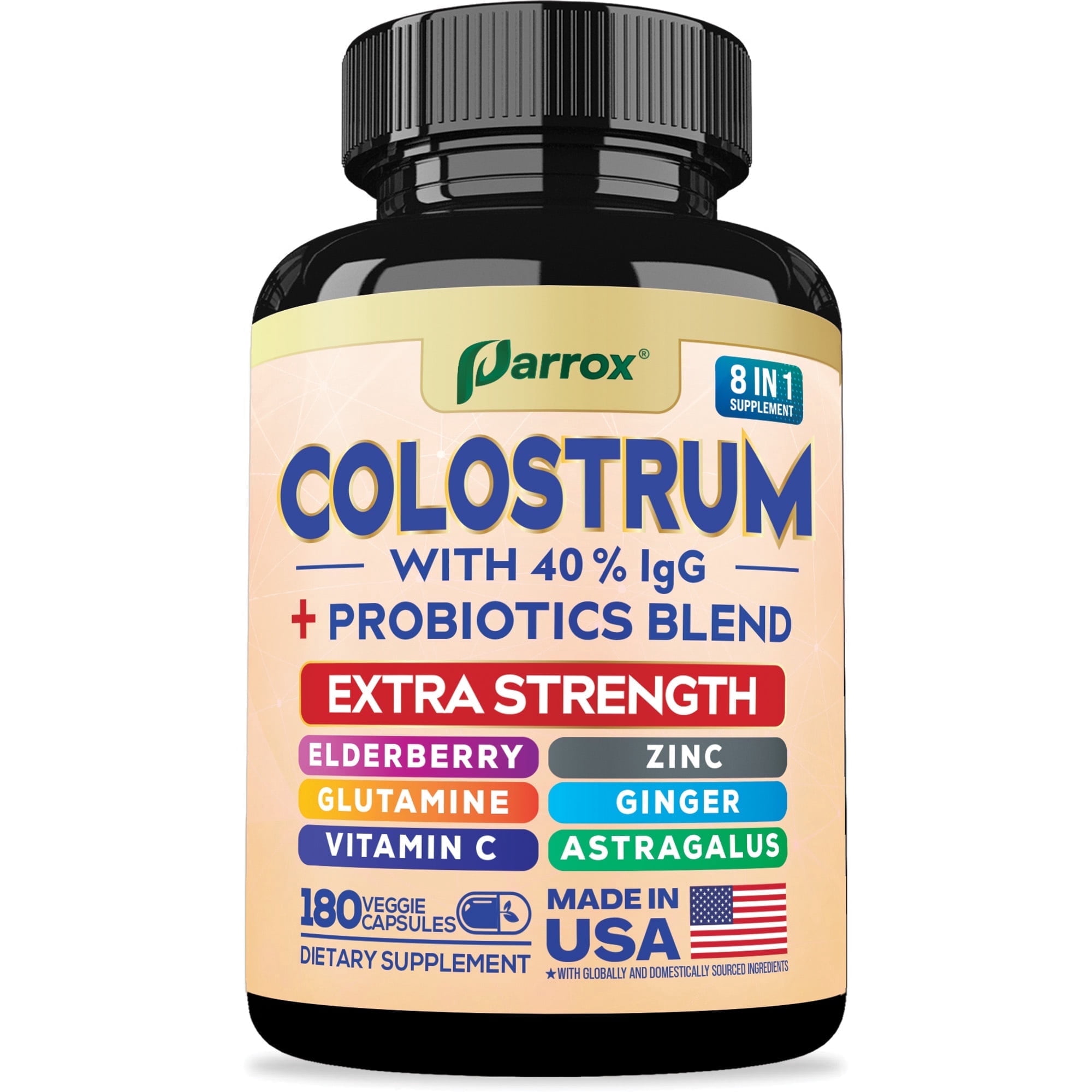 Parrox Colostrum Supplement Capsule, Grass Fed Cow Colostrum with 40% IgG, Probiotics Blend, Elderberry, Astragalus, Zinc, Ginger, Vitamin C, L-Glutamine, 8 in 1 Extra Strength Bovine Boost(180 Caps)