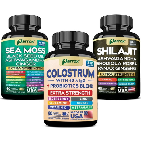Parrox Complete Vitality Trio - Sea Moss, Black Seed Oil, Ashwagandha, Burdock Root, Colostrum, Probiotics, Elderberry, Vitamin C, Astragalus, Panax Ginseng, Ginkgo Biloba, Rhodiola Rosea, Turmeric