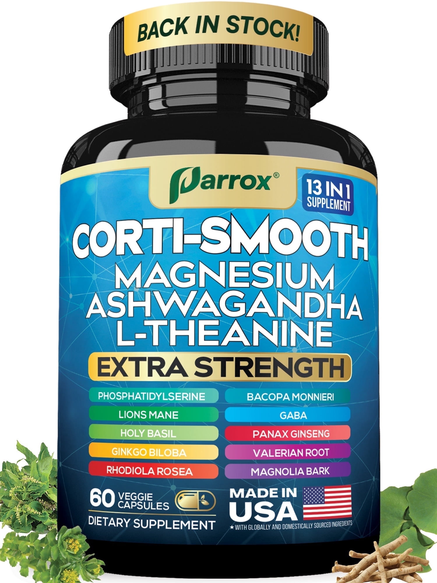 Parrox Corti-Smooth Cortisol Supplement Magnesium, L-Theanine, Ashwagandha, Phosphatidylserine, Valerian Root, Lions Mane, Bacopa Monnieri, Ginkgo Biloba, Panax Ginseng, Magnolia Bark, GABA (60 Caps)