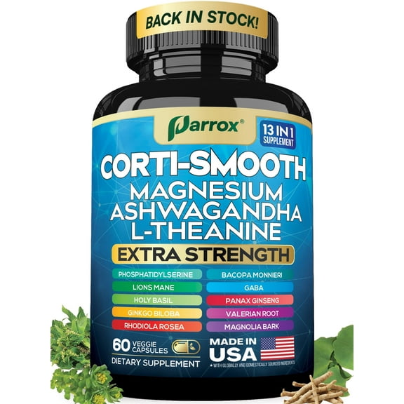 Parrox Corti-Smooth Cortisol Supplement Magnesium, L-Theanine, Ashwagandha, Phosphatidylserine, Valerian Root, Lions Mane, Bacopa Monnieri, Ginkgo Biloba, Panax Ginseng, Magnolia Bark, GABA (60 Caps)