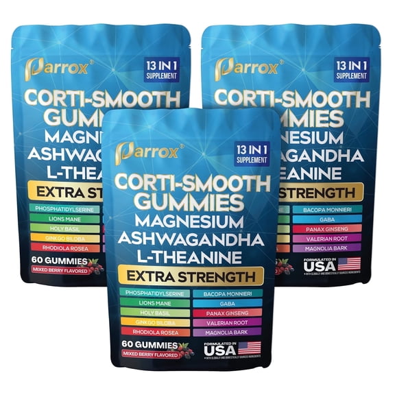 Parrox Corti-Smooth Cortisol Support Gummies with Magnesium, L-Theanine, Ashwagandha, Phosphatidylserine, Bacopa Monnieri, Lions Mane, Ginkgo Biloba, Valerian Root (Mixed Berry Flavor - 3 Pack)