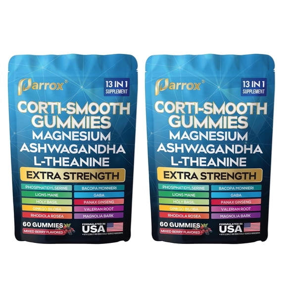 Parrox Corti-Smooth Cortisol Support Gummies with Magnesium, L-Theanine, Ashwagandha, Phosphatidylserine, Bacopa Monnieri, Lions Mane, Ginkgo Biloba, Valerian Root (Mixed Berry Flavor - 2 Pack)