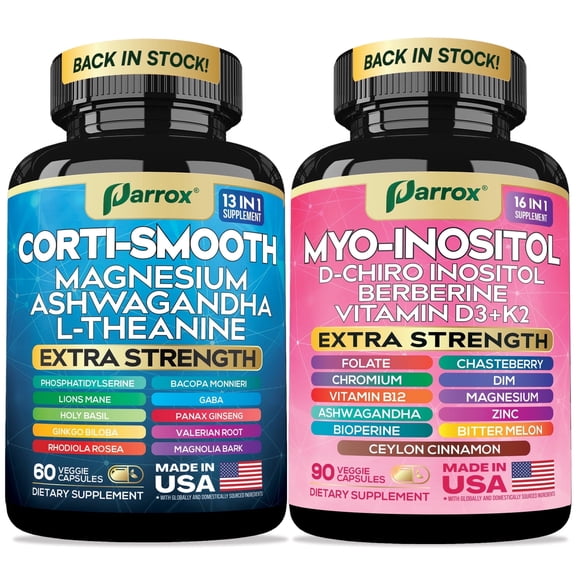 Parrox Cortisol & Myo-Inositol Supplement Bundle, Soothe & Smooth Bundle, 13-in-1 Cortisol Balance, Magnesium, Ashwagandha, L-Theanine, D-Chiro Inositol, Folate, Berberine, Chasteberry (150 Capsules)