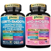 Parrox Cortisol & Myo-Inositol Supplement Bundle, Soothe & Smooth Bundle, 13-in-1 Cortisol Balance, Magnesium, Ashwagandha, L-Theanine, D-Chiro Inositol, Folate, Berberine, Chasteberry 150 Capsules