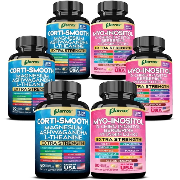 Parrox Cortisol & Myo-Inositol Supplement Bundle, Soothe & Smooth Bundle, Cortisol Balance, GABA, Magnesium, Ashwagandha, L-Theanine, D-Chiro Inositol, Folate, Berberine, Chasteberry, Zinc (3 Pack)