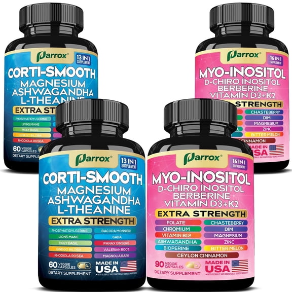Parrox Cortisol & Myo-Inositol Supplement Bundle, Soothe & Smooth Bundle, Cortisol Balance, GABA, Magnesium, Ashwagandha, L-Theanine, D-Chiro Inositol, Folate, Berberine, Chasteberry, Zinc (2 Pack)