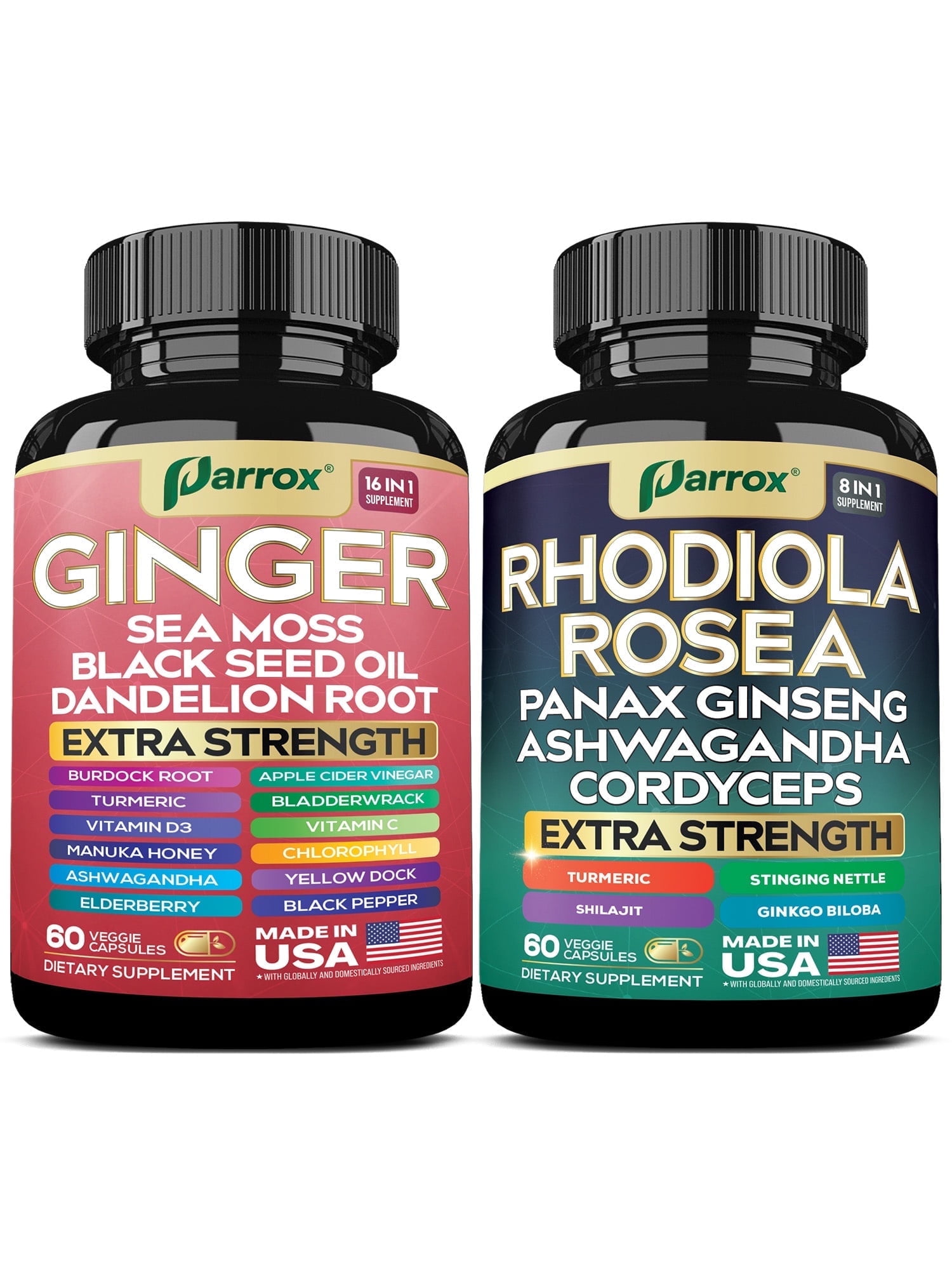 Parrox Dynamic Duo Herbal Bundle, Ginger, Rhodiola Rosea, Sea Moss, Ashwagandha, Black Seed Oil, Panax Ginseng, Turmeric, Dandelion, Cordyceps, Ginkgo Biloba, ACV, Elderberry, Manuka Honey
