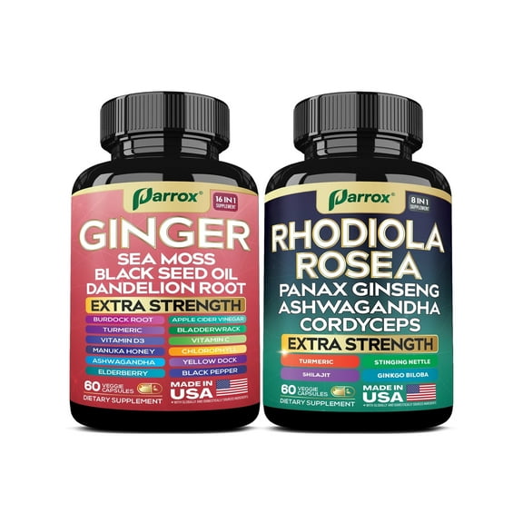 Parrox Dynamic Duo Herbal Bundle, Ginger, Rhodiola Rosea, Sea Moss, Ashwagandha, Black Seed Oil, Panax Ginseng, Turmeric, Dandelion, Cordyceps, Ginkgo Biloba, ACV, Elderberry, Manuka Honey