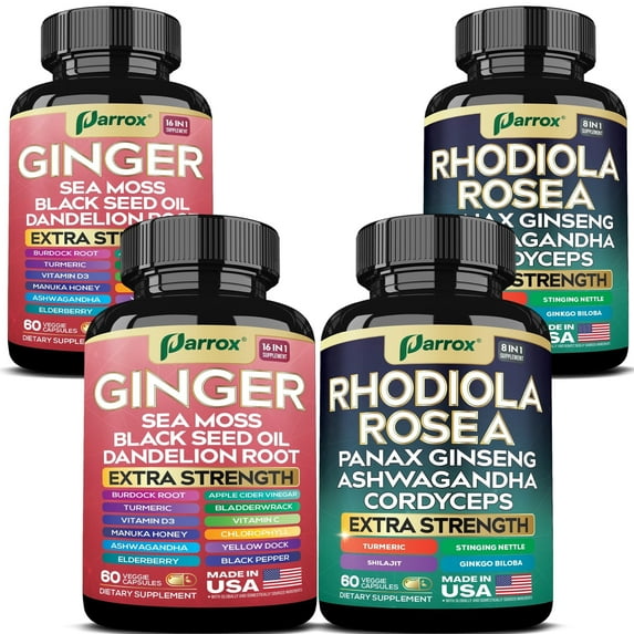 Parrox Dynamic Duo Herbal Bundle, Ginger, Rhodiola Rosea, Sea Moss, Ashwagandha, Black Seed Oil, Panax Ginseng, Turmeric, Dandelion, Cordyceps, Ginkgo Biloba, ACV, Elderberry, Manuka Honey (2 Pack)