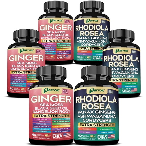 Parrox Dynamic Duo Herbal Bundle, Ginger, Rhodiola Rosea, Sea Moss, Ashwagandha, Black Seed Oil, Panax Ginseng, Turmeric, Dandelion, Cordyceps, Ginkgo Biloba, ACV, Elderberry, Manuka Honey (3 Pack)