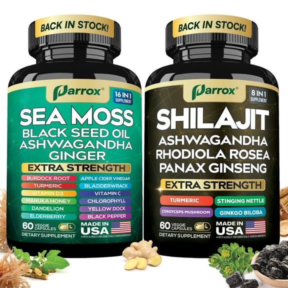 Parrox Dynamic Vitality Bundle, Sea Moss, Black Seed Oil, Ashwagandha, Ginger, Turmeric, Dandelion, Shilajit, Panax Ginseng, Rhodiola Rosea, Cordyceps Mushroom, All-in-One Supplements Duo (1 Pack)