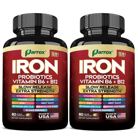 Parrox Iron Supplement with Slow Release Iron, Probiotics, Spirulina, Turmeric, Vitamin B6, B12, C, Zinc, Folate, Beetroot, Nettle Leaf, Dandelion Root,Black Pepper, Extra Strength 60 Capsules 2 Pack