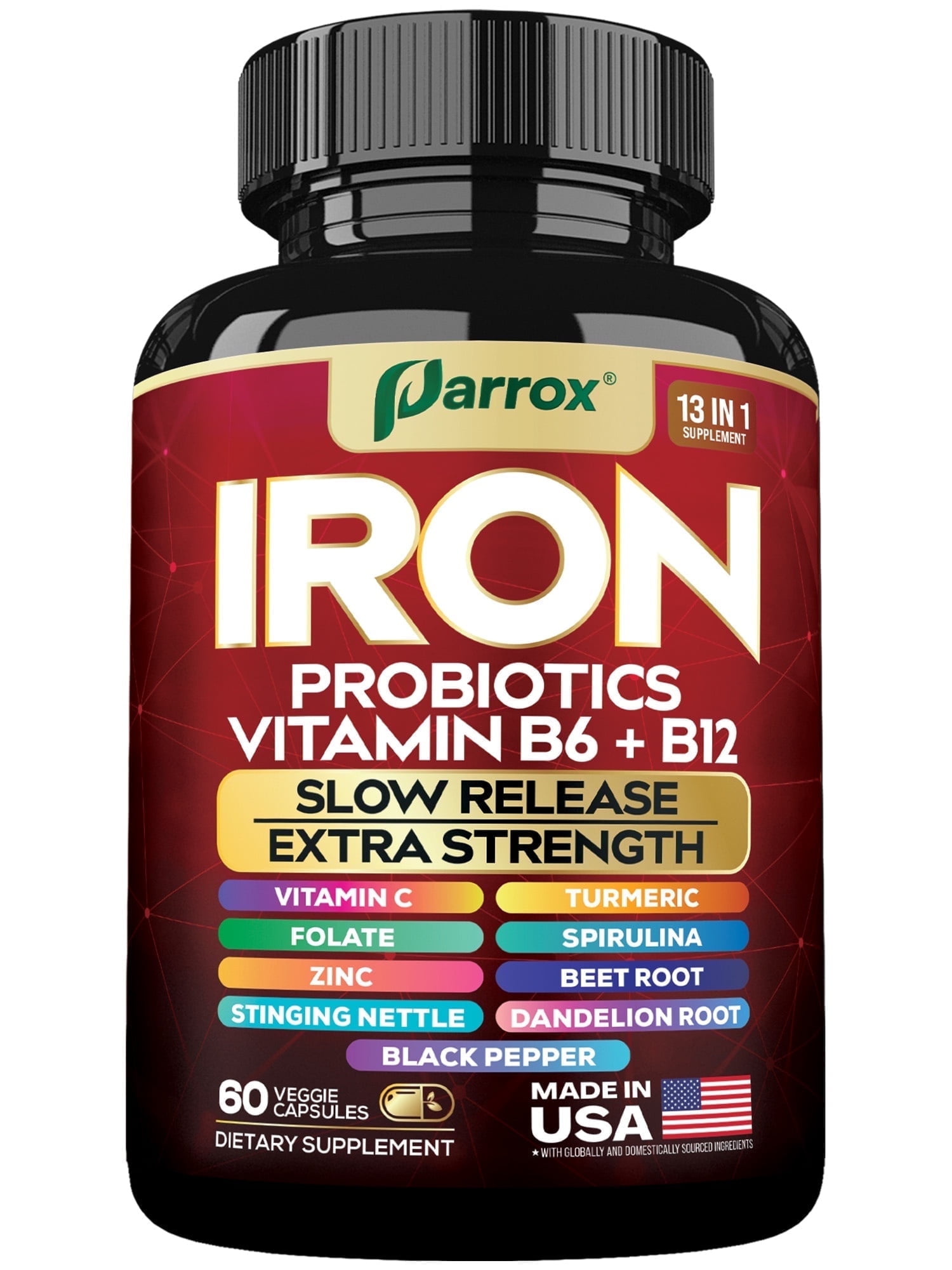 Parrox Iron Supplement with Slow Release Iron, Probiotics, Spirulina, Turmeric, Vitamin B6, B12, C, Zinc, Folate, Beetroot, Nettle Leaf, Dandelion Root,Black Pepper, Extra Strength, 60 Vegan Capsules