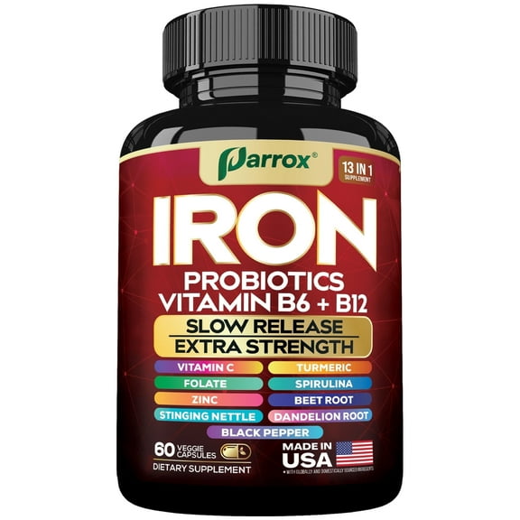 Parrox Iron Supplement with Slow Release Iron, Probiotics, Spirulina, Turmeric, Vitamin B6, B12, C, Zinc, Folate, Beetroot, Nettle Leaf, Dandelion Root,Black Pepper, Extra Strength, 60 Vegan Capsules