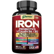 Parrox Iron Supplement with Slow Release Iron, Probiotics, Spirulina, Turmeric, Vitamin B6, B12, C, Zinc, Folate, Beetroot, Nettle Leaf, Dandelion Root,Black Pepper, Extra Strength, 60 Vegan Capsules