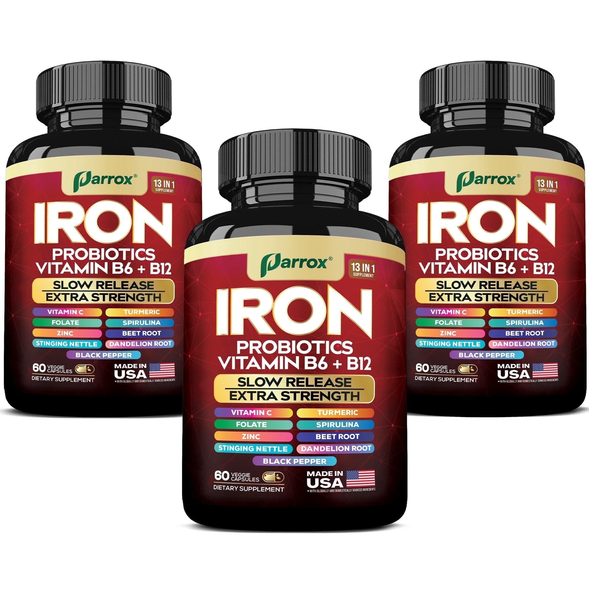 Parrox Iron Supplement with Slow Release Iron, Probiotics, Spirulina, Turmeric, Vitamin B6, B12, C, Zinc, Folate, Beetroot, Nettle Leaf, Dandelion Root,Black Pepper, Extra Strength 60 Capsules 3 Pack