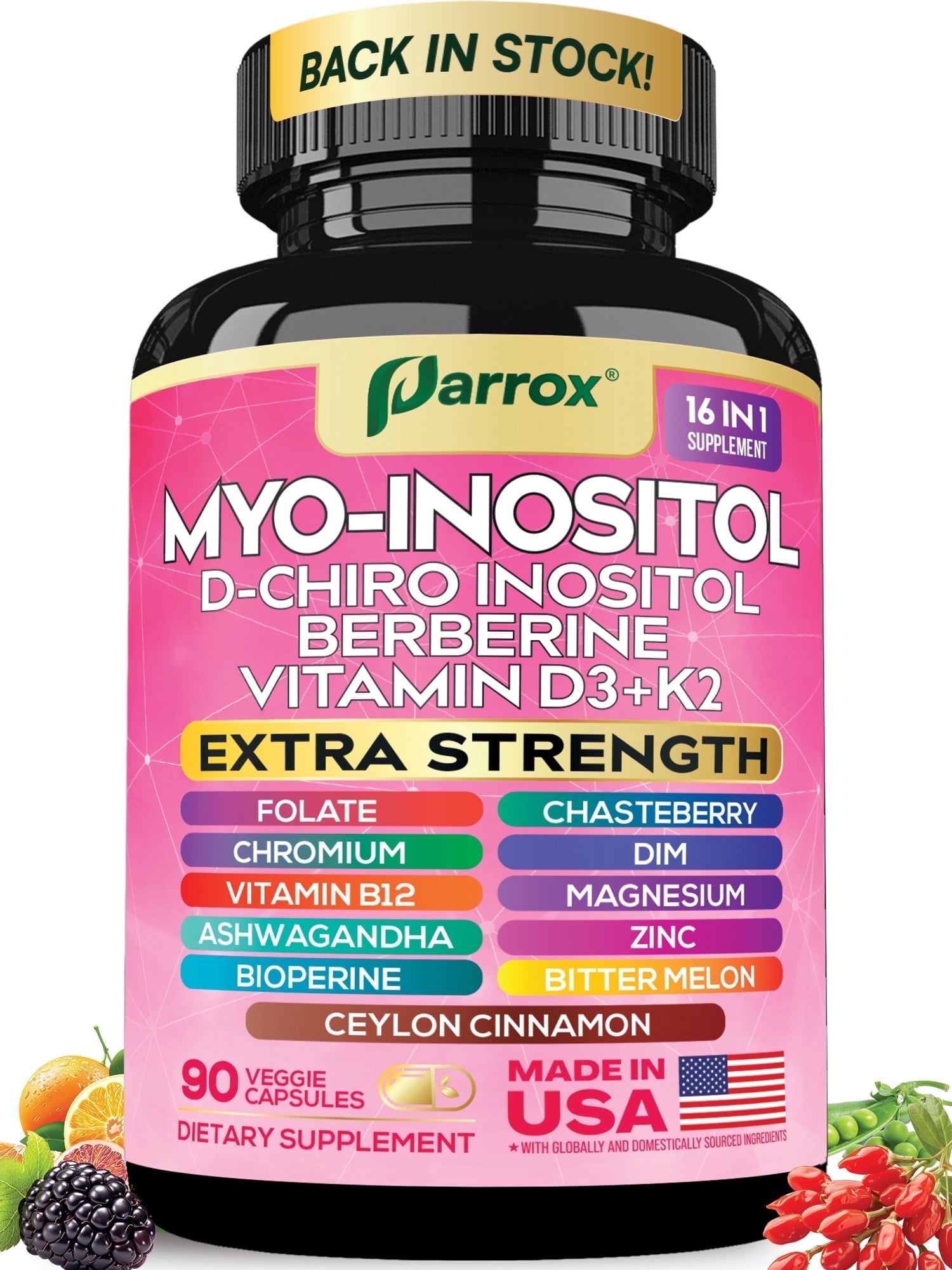 Parrox Myo-Inositol Supplement, Berberine, D-Chiro Inositol, Folate, Chromium, Vitamin D3, DIM, Chasteberry, Ashwagandha, Ceylon Cinnamon, Vitamin K2, Zinc, Magnesium, Bioperine, B12 (90 Capsules)