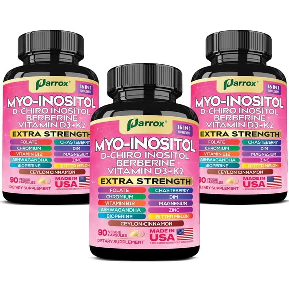 Parrox Myo-Inositol Supplement, Berberine, D-Chiro Inositol, Folate, Chromium, Vitamin D3, K2 & B12, DIM, Chasteberry, Ashwagandha, Ceylon Cinnamon, Zinc, Magnesium, Bioperine, Bitter Melon (3 Pack)