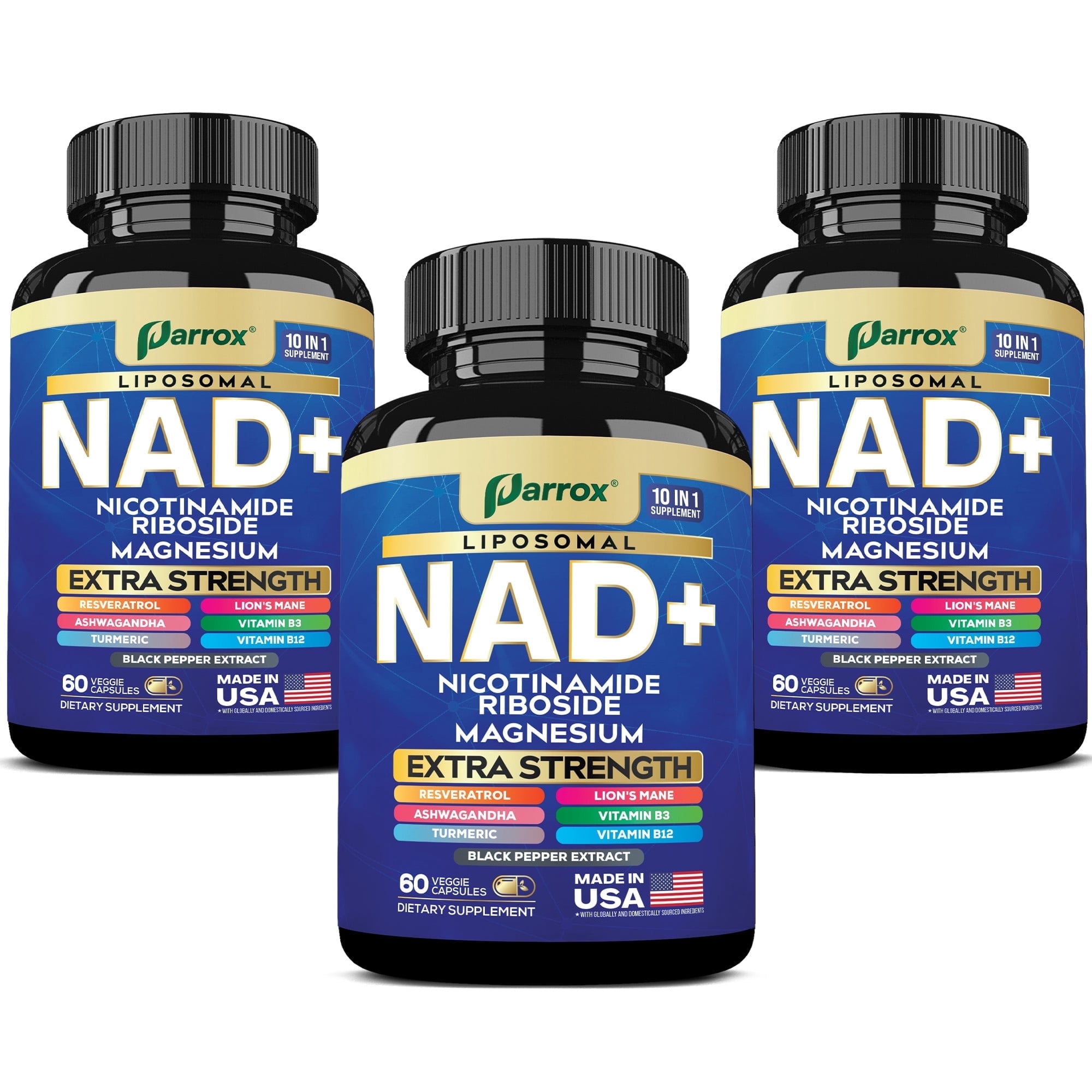 Parrox NAD+ Supplement with Vitamin B3 & B12, Magnesium, Resveratrol, Niacinamide, Turmeric, Ashwagandha, Lion’s Mane, Black Pepper Extract, Liposomal NAD, 10-in-1 Extra Strength (3 Pack)
