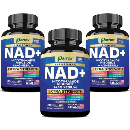 Parrox NAD+ Supplement with Vitamin B3 & B12, Magnesium, Resveratrol, Niacinamide, Turmeric, Ashwagandha, Lion’s Mane, Black Pepper Extract, Liposomal NAD, 10-in-1 Extra Strength (3 Pack)