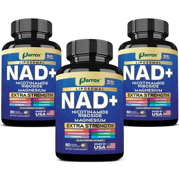 Parrox NAD+ Supplement with Vitamin B3 & B12, Magnesium, Resveratrol, Niacinamide, Turmeric, Ashwagandha, Lions Mane, Black Pepper Extract, Liposomal NAD, 10-in-1 Extra Strength (3 Pack)