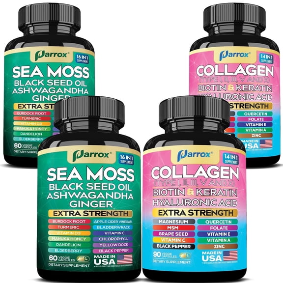 Parrox Radiant Wellness Bundle -Sea Moss, Black Seed Oil, Ashwagandha, Ginger, Collagen Types I II III V X, Biotin, Keratin, Hyaluronic Acid, Burdock Root, Turmeric, Vitamin D3, Magnesium (2 Pack)