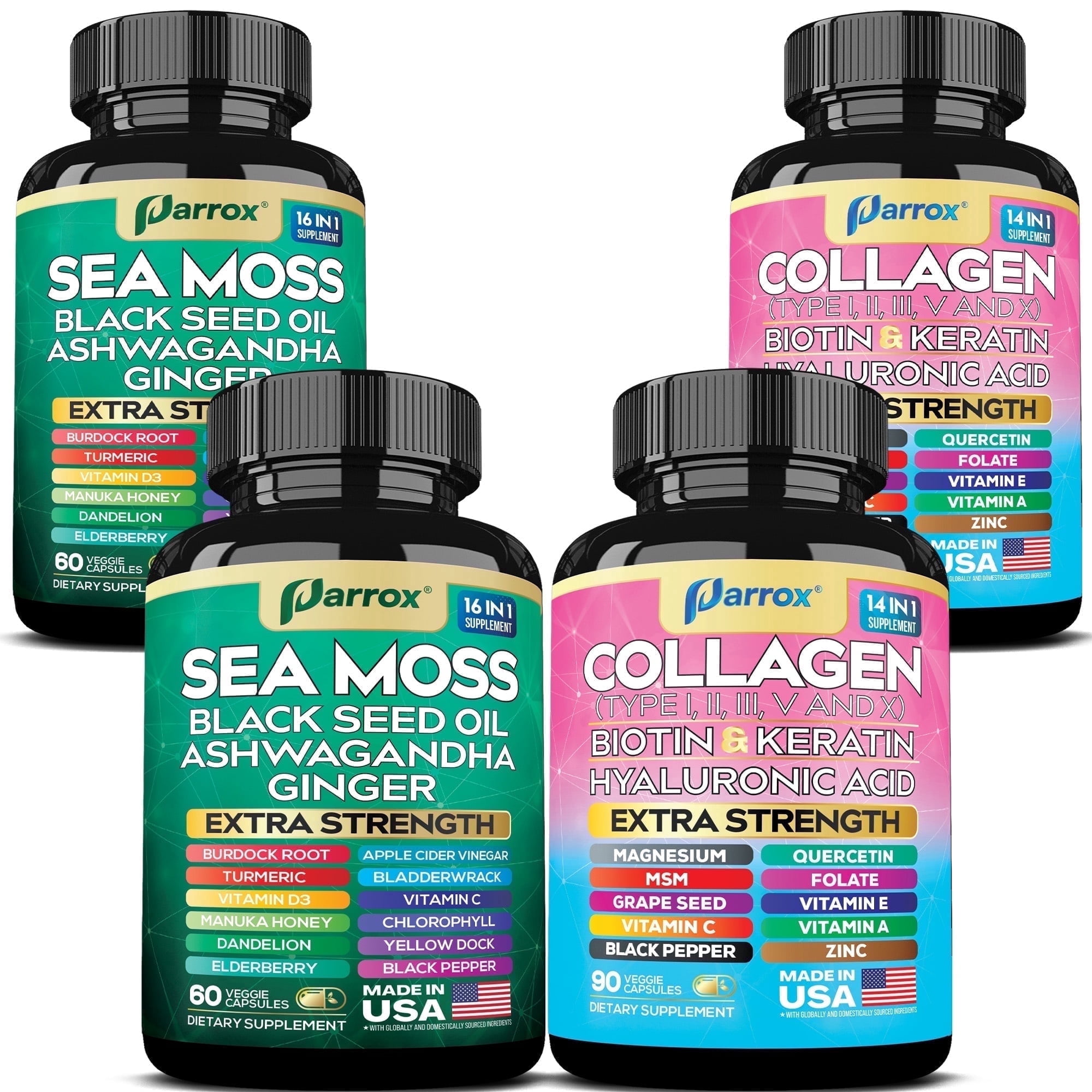 Parrox Radiant Wellness Bundle -Sea Moss, Black Seed Oil, Ashwagandha, Ginger, Collagen Types I II III V X, Biotin, Keratin, Hyaluronic Acid, Burdock Root, Turmeric, Vitamin D3, Magnesium (2 Pack)