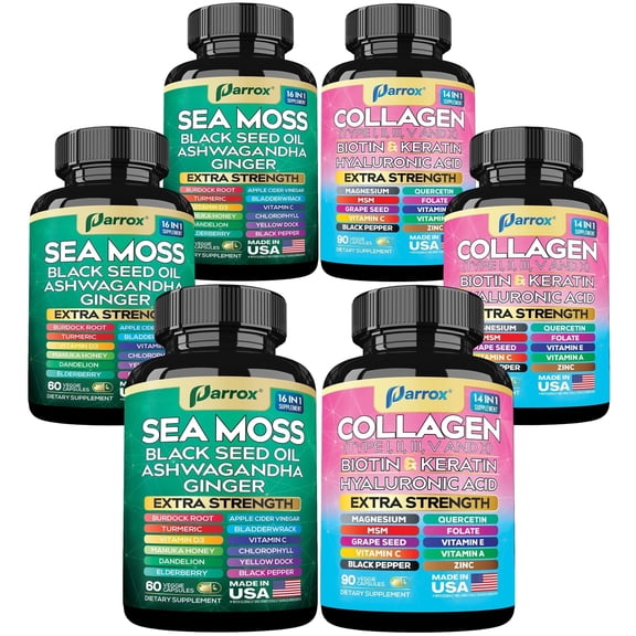 Parrox Radiant Wellness Bundle -Sea Moss, Black Seed Oil, Ashwagandha, Ginger, Collagen Types I II III V X, Biotin, Keratin, Hyaluronic Acid, Burdock Root, Turmeric, Vitamin D3, Magnesium (3 Pack)