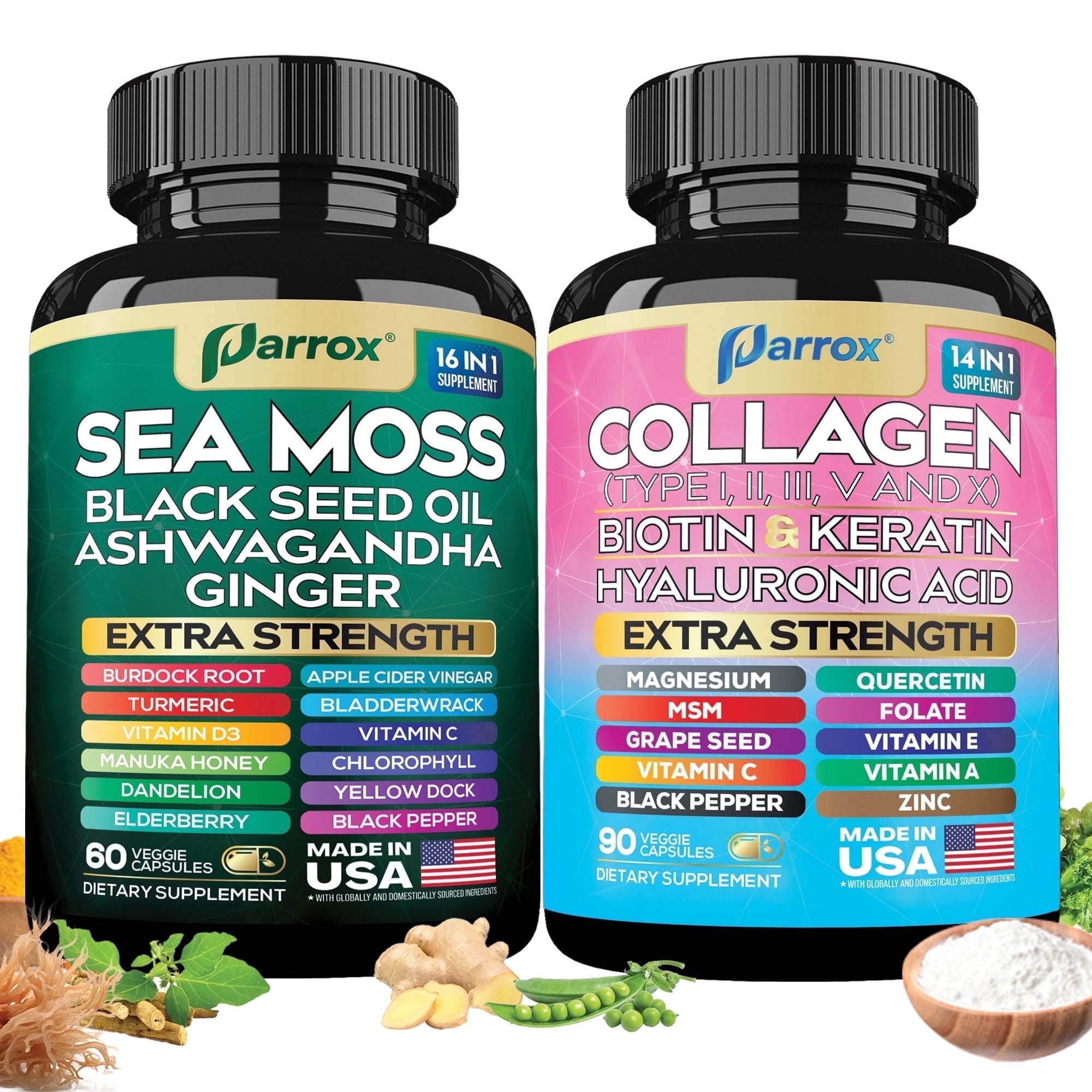Parrox Radiant Wellness Bundle-Sea Moss, Black Seed Oil, Ashwagandha, Ginger, Collagen Types I II III V X, Biotin, Keratin, Hyaluronic Acid, Burdock Root, Turmeric, Vitamin D3, Magnesium, MSM, Folate