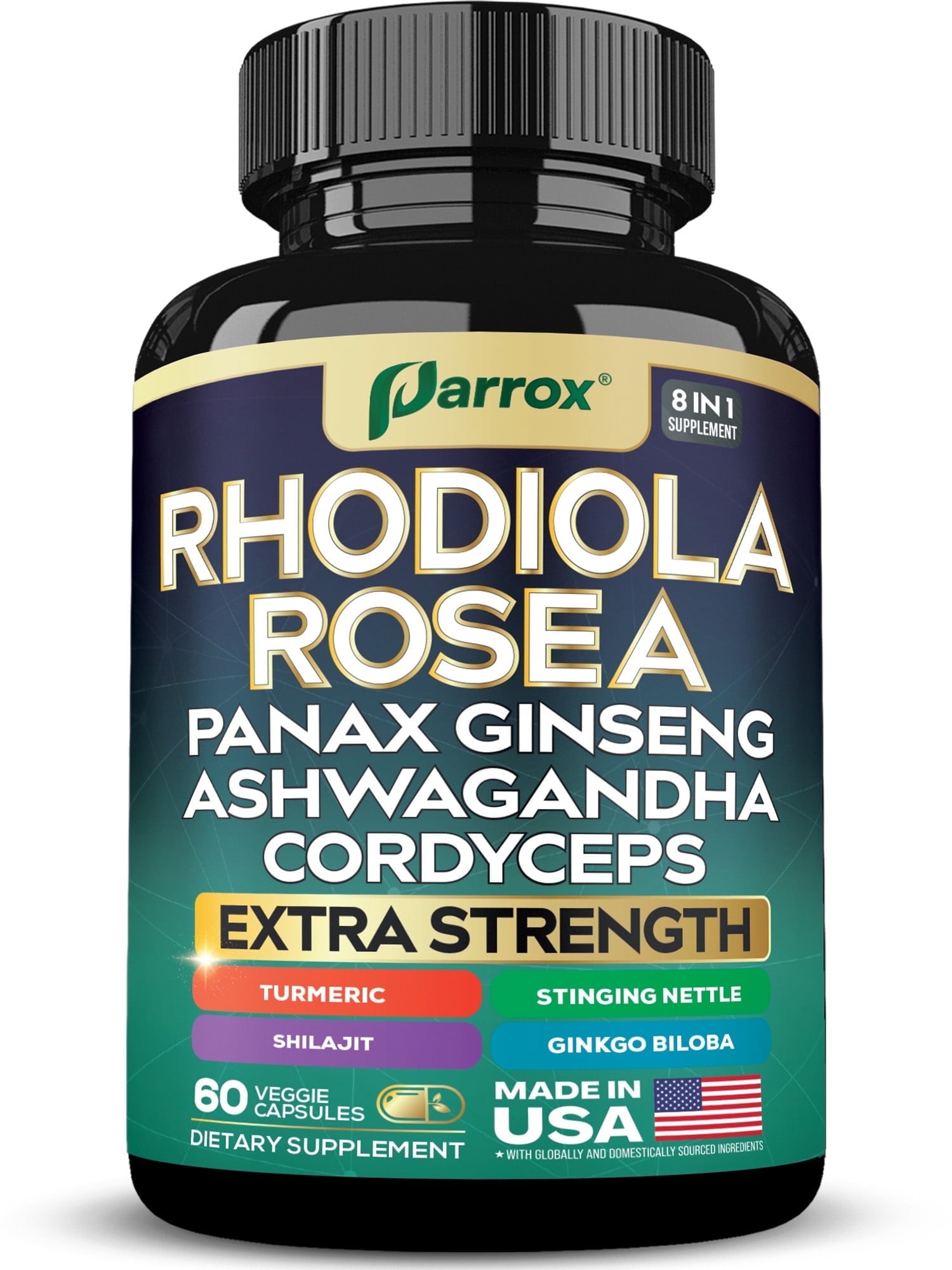Parrox Rhodiola Rosea Panax Ginseng Ashwagandha Shilajit Cordyceps Mushroom Turmeric Ginkgo Biloba Stinging Nettle Adaptogen Blend Supplement Capsules for Daily Wellness Support – 60 Capsules