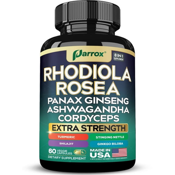 Parrox Rhodiola Rosea Panax Ginseng Ashwagandha Shilajit Cordyceps Mushroom Turmeric Ginkgo Biloba Stinging Nettle Adaptogen Blend Supplement Capsules for Daily Wellness Support – 60 Capsules