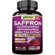 Parrox Saffron Supplement with Glucomannan, Ashwagandha, Green Tea Extract, Zeaxanthin & Lutein, Vision Support & Daily Wellness Formula, Extra Strength Plant-Based Capsules, 2 Month Supply 60 Caps