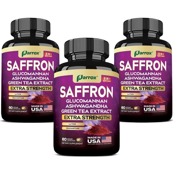 Parrox Saffron Supplement with Glucomannan, Ashwagandha, Green Tea Extract, Zeaxanthin & Lutein, Vision Support & Daily Wellness Formula, Extra Strength Plant-Based Capsules, 6 Month Supply (3 Pack)